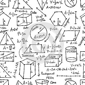 Mathematics and geometry, figures and formulas. Seamless pattern background. For school, university and training