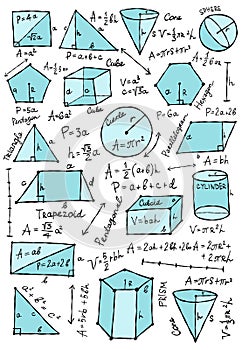 Mathematics and geometry, figures and formulas. Vertical card on white background. For school, university and training