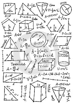 Mathematics and geometry, figures and formulas. Vertical card on white background. For school, university and training