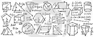 Mathematics and geometry, figures and formulas on white background. Banner for school, university and training. Symbols