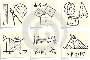 Mathematics icons on yellow memo sticks