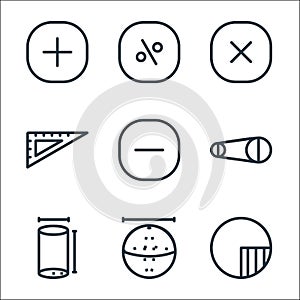 Mathematics line icons. linear set. quality vector line set such as circle, ball, tube, diameter, substraction, ruler,
