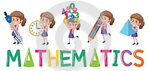 Mathematics logo with girl in many movements isolated