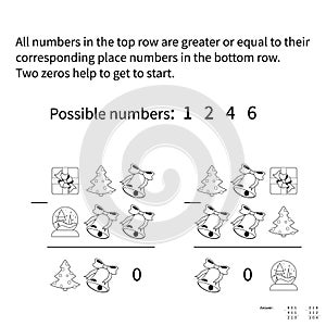 Mathematics numbers are inverted in to christmas symbols black white. Subtraction logic for children.