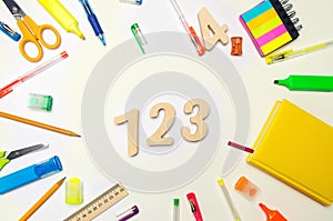 Mathematics. numbers 1, 2, 3 on the school desk. concept of education. back to school. stationery. White background. stickers, col