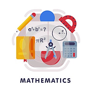 Mathematics School Subject Icon, Education and Science Discipline with Related Elements Flat Style Vector Illustration