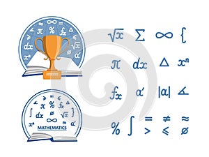 Mathematics: a set of two emblems and a set of arithmetic symbols. Illustration for school and university lectures, students and