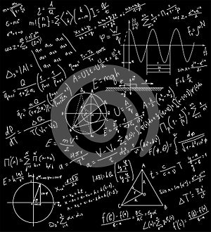 Mathematics symbol on school blackboard. Science chalk pattern education concept