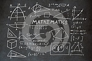 Composite image of mathematics text with geometric shapes