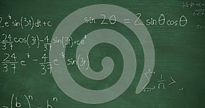 Mathmatical calculations written in chalk floating above green chalkboard background 4k