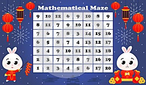 Mathmetical maze for kids with rabbit with firecrackers and lucky bags, money and coins on dark blue background