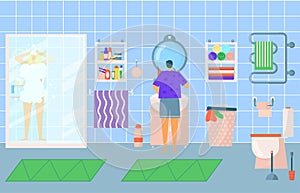 Mathroom at cartoon home, man woman family in morning vector illustration. Female male hygiene with mirror, towel indoor