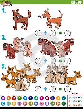 Maths addition educational task with dog characters