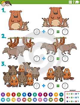 Maths addition educational task with wild animals