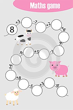 Maths chain game with farm animals for children, education game for kids, preschool worksheet activity, task for the