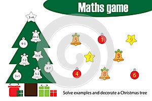 Maths game with decoration christmas tree for children, education counting game for kids, preschool worksheet activity, task for