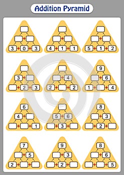 Maths Pyramids, complete the missing numbers, math worksheet for kids.