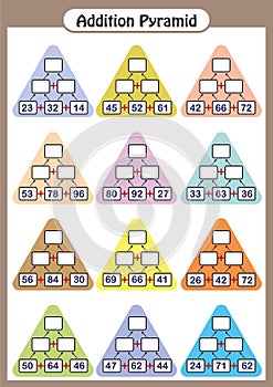 Maths Pyramids, complete the missing numbers, math worksheet for kids.