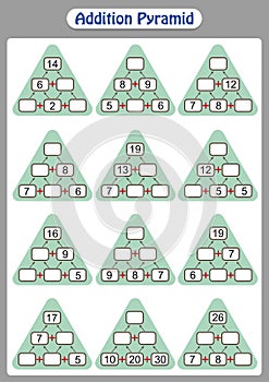 Maths Pyramids, complete the missing numbers, math worksheet for kids.