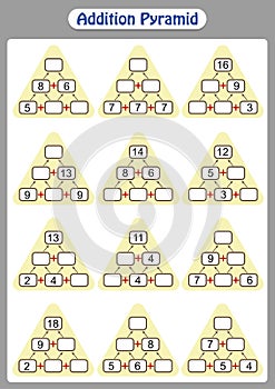 Maths Pyramids, complete the missing numbers, math worksheet for kids.