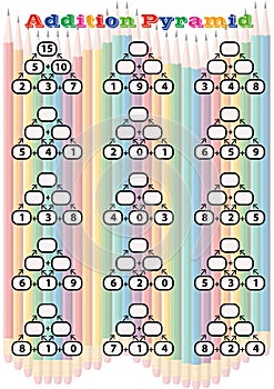 Maths Pyramids for Mental Maths Practice, complete the missing numbers, math worksheet for kindergarten student.Educational game f