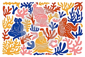 Matisse plants. Minimalistic smooth silhouettes people. Simple corals. Male and female bodies. Love hugs. Modernism art