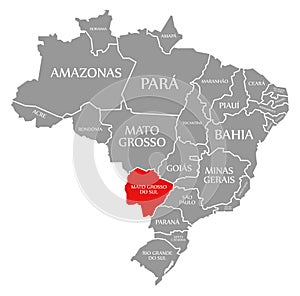 Mato Grosso do Sul red highlighted in map of Brazil