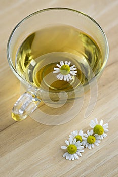 Matricaria chamomilla flowers and trasparent cup of tea on wooden table, fresh flowering herbal medicine