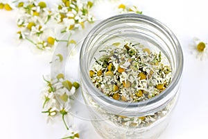 Matricaria chamomilla, medical chamomile dried on glass