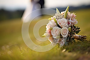 Matrimonial charm Wedding bouquet on grass, couple in the backdrop