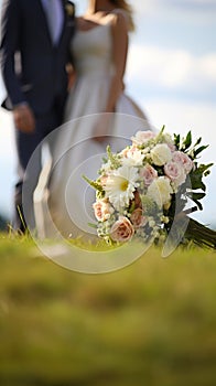 Matrimonial charm Wedding bouquet on grass, couple in the backdrop
