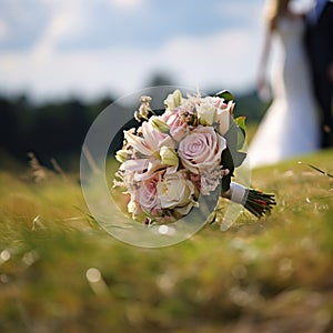Matrimonial charm Wedding bouquet on grass, couple in the backdrop