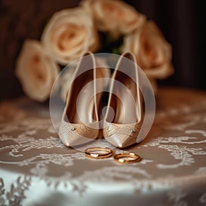 Matrimonial elegance brides shoes, gold rings, wedding details on table