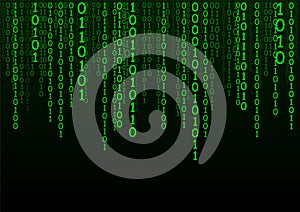 Matrix background. Cyber security with binary code. Rapidly falling randomly green numbers. Decoding algorithms hacked software.