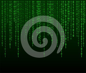 Matrix background. Cyber security with binary code. Rapidly falling randomly green numbers. Decoding algorithms hacked software.