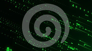 Matrix background. Cyber security with binary code. Rapidly falling randomly green numbers. Decoding algorithms hacked software.