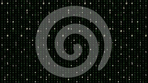 Matrix background. Cyber security with binary code. Rapidly falling randomly green numbers. Decoding algorithms hacked software.