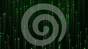 Matrix background. Cyber security with binary code. Rapidly falling randomly green numbers. Decoding algorithms hacked software.