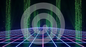 Digital matrix background with glowing neon grid and binary code streams for technology use