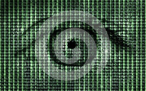 Matrix Binary Program Code with Human Eye Background