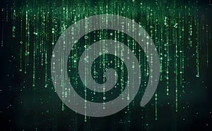 Matrix code background with green binary numbers falling down dark background