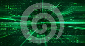 Matrix code tunnel background. Binary data stream digital technology concept. Futuristic green cyber space, 3D data flow, AI