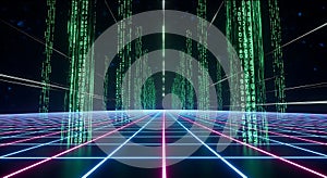 Digital matrix background with glowing neon grid and falling green code data streams effect