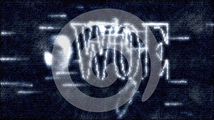 Matrix effect. human hand, woe inscription appears on black cyber pattern digital background. Computer script