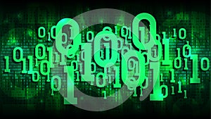 Matrix green background with binary code, shadow digital code in abstract futuristic cyberspace, cloud of big data