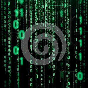 Matrix like stream featuring cascading green binary code 0s and