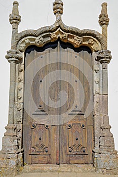 Matriz church Nossa Senhora das Dores: details of a Manueline doorway inside the old town of Monchique, Algarve