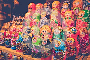Matryoshka nesting russian dolls exhibited at winter Christmas market in Vienna, Austria.