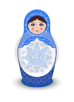 Matryoshka and Snowflake. Isolated Beautiful Russian Doll in Blue Clothes. Fairytale Female Character from Russia. Slavic Symbol.