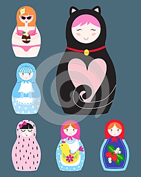 Matryoshka traditional russian nesting doll toy with handmade ornament figure pattern with child face and babushka woman